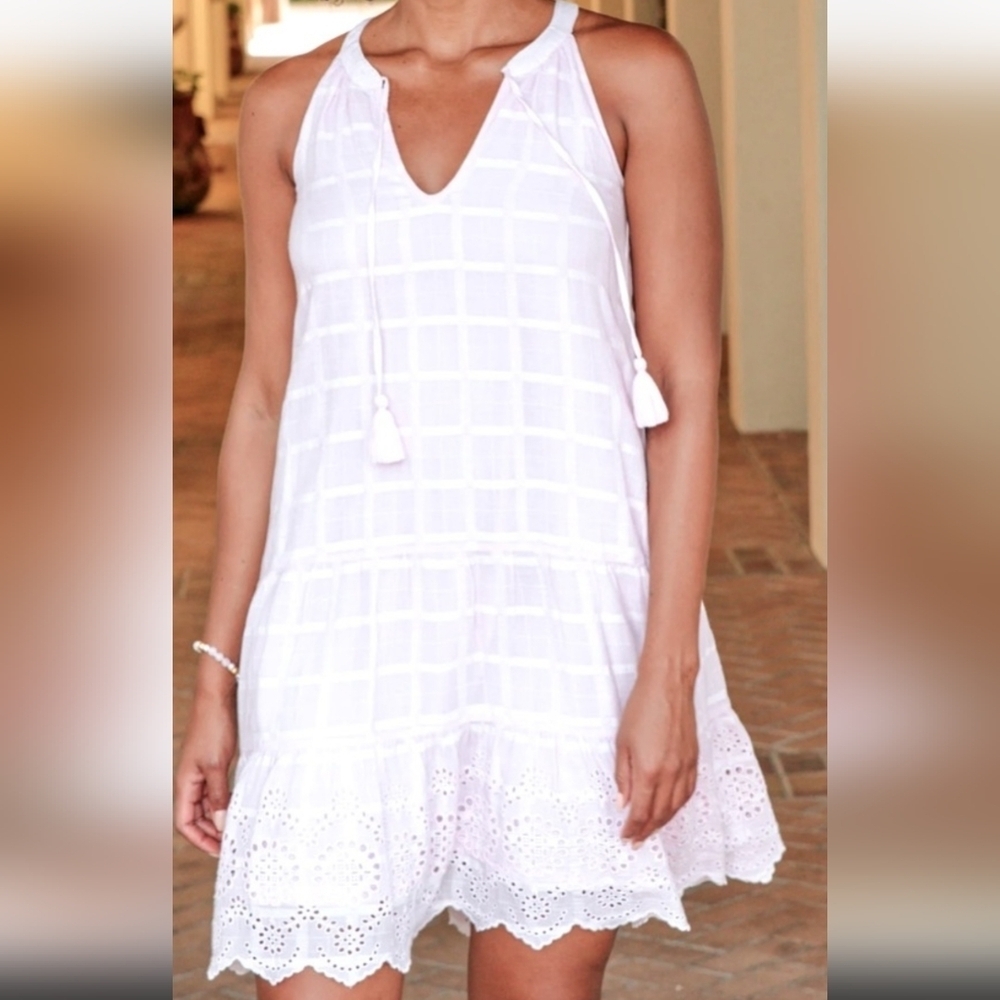 CABANA LIFE Essentials-White Sleeveless Halter-Tassels Eyelet Mini Dress SPF 50+ - Picture 14 of 14